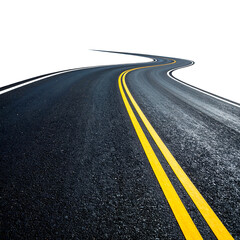 Winding asphalt road with double yellow lines fades into black