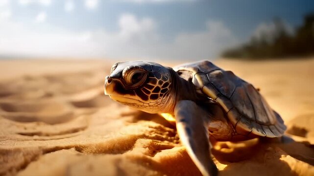 A closeup shot of a sea turtle on a sandy beach. The turtles head is turned slightly to the side, revealing its intricate details.
