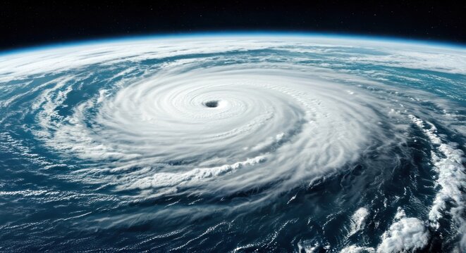 A mesmerizing satellite view showing a massive hurricane spinning over an ocean planet