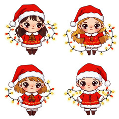 Four cartoon girls wearing Santa hats and red dresses, holding Christmas lights.