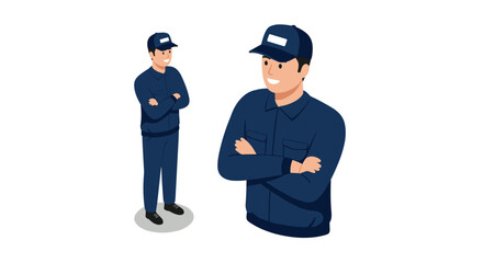 Obraz premium Smiling delivery person in uniform with cap posing confidently in flat design