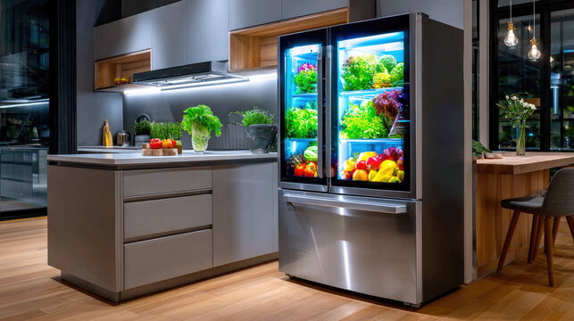 Smart fridge with transparent door and holographic recipe suggestions — modern kitchen technology and innovation concept - Powered by Adobe
