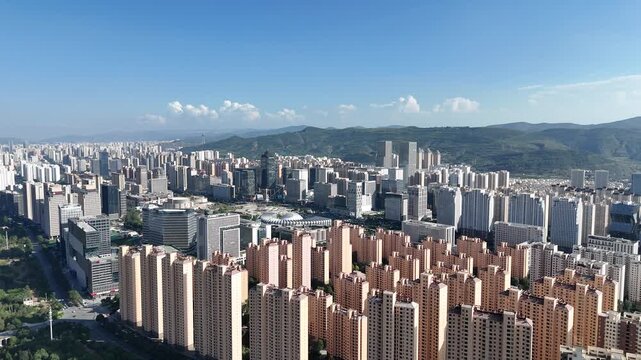 Xining Qinghai Aerial City Skyline with High-Rise Buildings