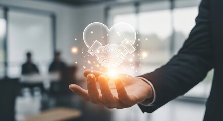Business Partnership Handshake with Heart Icon and Light Effects