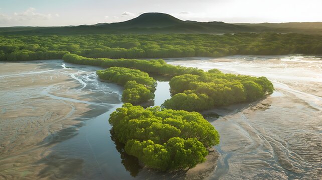 Aerial view of verdant mangrove forests and waterways at sunset with lush greenery and hills