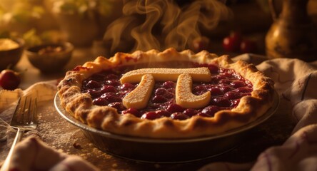 Steaming cherry pie with a pastry "pi" symbol, lit warm, baked in a rustic setting