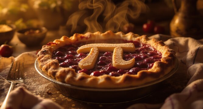 Steaming cherry pie with a pastry "pi" symbol, lit warm, baked in a rustic setting