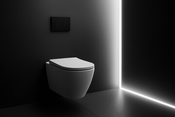 Monochrome modern toilet, black and white contrast, minimal lines, LED backlight