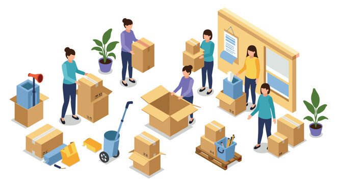 Team unpacking office supplies in modern workspace with isometric style