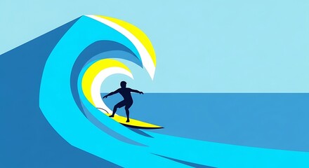 A minimalist graphic illustration of a surfer riding a large, curling ocean wave.