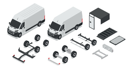 Isometric cargo van assembly with parts exploded view for transport and logistics