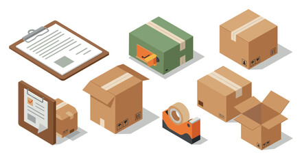 Isometric box set with packaging supplies for shipping and delivery logistics