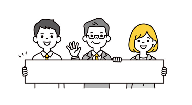 メッセージボードを持つ、社長と若い男性と女性の社員の上半身ベクターイラスト素材セット