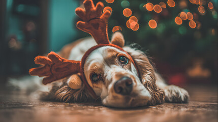 Cute dog wearing Santa hat sitting among Christmas gifts and tree