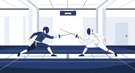 Two fencers in protective gear engage in a competitive match on a designated fencing strip, focused on the sport.