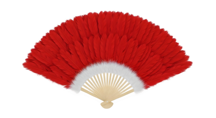 Elegant red feather fan with soft white trim, a touch of vintage glamour perfect for adding a theatrical flair to your design projects and creative promotions