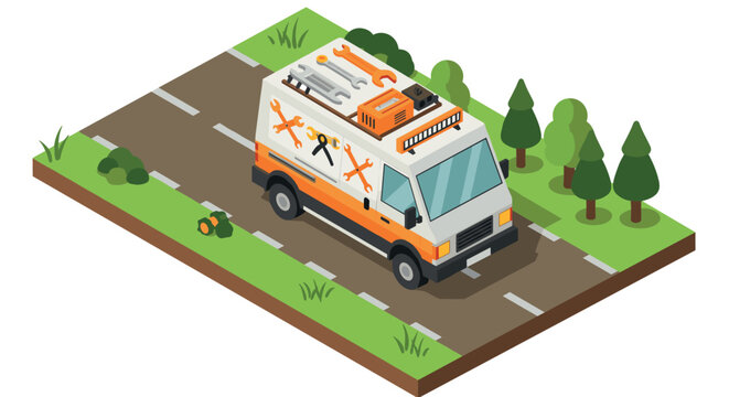 Isometric repair van on road surrounded by trees and tools