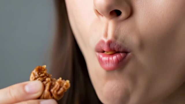A close up macro view of a person's mouth enjoying a healthy brown walnut, with another piece held by fingers.