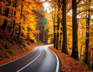Autumnal forest road winding through vibrant foliage