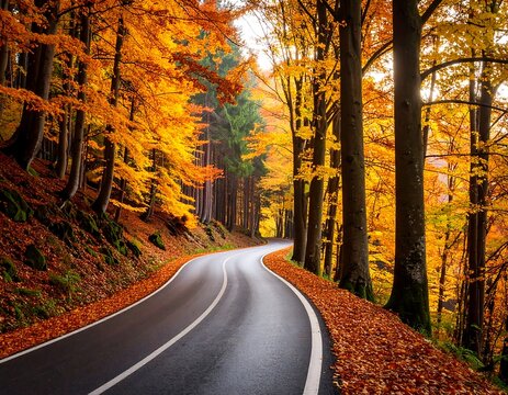 Autumnal forest road winding through vibrant foliage - Powered by Adobe