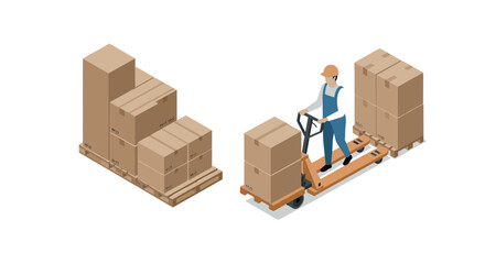 Fototapeta premium Warehouse worker maneuvering pallet jack with boxes in isometric style