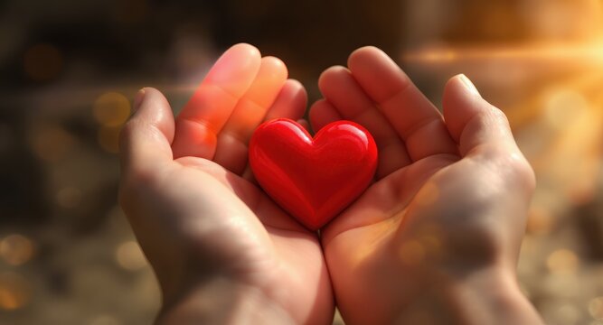 Two hands cradle a shiny, red heart; soft bokeh and golden sunlight fill background