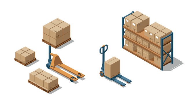 Isometric warehouse tools and cardboard boxes on pallet shelf for efficient storage solutions