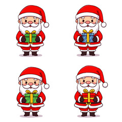 Four cartoon Santa Claus figures, each holding a wrapped Christmas gift with a bow.