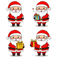 Four cartoon Santa Claus figures in various poses, some holding gifts, against a white background.