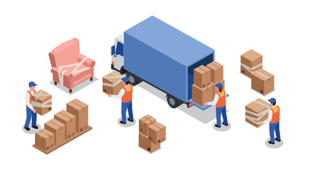 Isometric delivery scene with movers loading boxes into truck