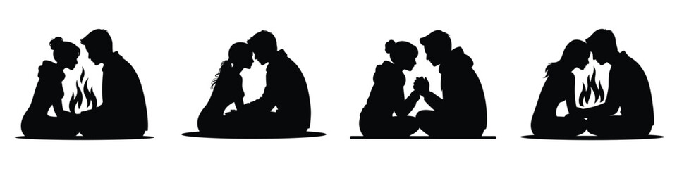 Couple Sitting by Campfire Vector Illustration – Romantic Winter Night Silhouette, Love, Warmth, Togetherness, Outdoor Fire, Cozy Relationship Moment and Winter Romance Design Art
