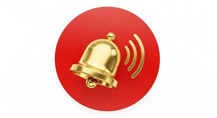 Shiny 3D Golden Ringing Bell Icon with Sound Waves on Bold Red Circle, Digital Notification Alert