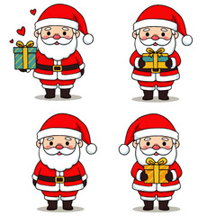 Four cartoon Santa Claus figures, each with a red hat and white beard, holding or near gifts.