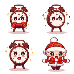 Four cartoon clocks with different expressions, one with a scarf and another with a hat and coat.