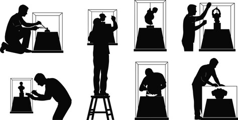 Silhouette vector illustration of museum workers installing sculptures in display cases, adjusting artwork, preservation, exhibition setup, cultural heritage, safety, labor, and industry