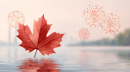 Red Maple Leaf Floating On Water With Fireworks In Soft Background, Symbolic Image Of Canada Celebration And National Pride, Artistic Concept For Canada Day And Patriotic Festive Design