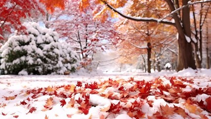 A vivid autumnal scene captured in a shallow depth of field, focusing on the leaves and snow on the ground. The leaves are a mix of red and orange hues.