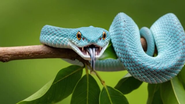 A vibrant blue snake opens its mouth wide, revealing sharp fangs, while coiled on a natural branch. This macro close up captures its intense pose.