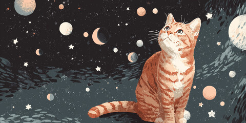Orange cat gazing at stars and planets in a dreamy cosmic night sky illustration