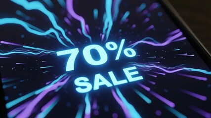 Bright glowing text “70% SALE” surrounded by dynamic blue and violet light trails — concept of digital shopping energy, cyber discount and online promotion power. - Powered by Adobe