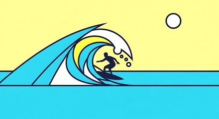Illustration of a surfer riding a wave under a bright sun.