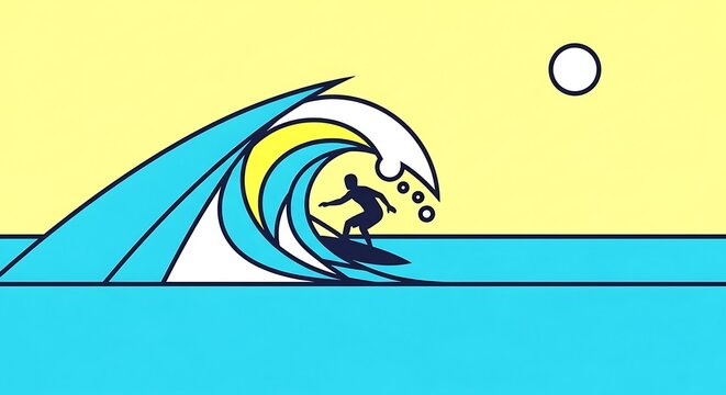 Illustration of a surfer riding a wave under a bright sun. - Powered by Adobe