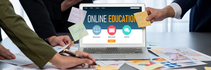 Analyst team use sticky note for creative and analytic brainstorm for business idea with BI data...