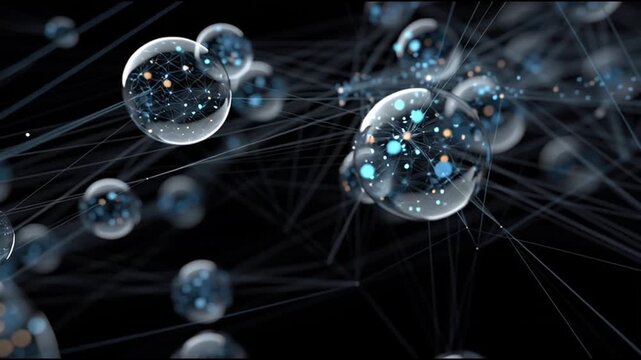 Ontology philosophy concept. Knowledge. Existence understanding. Metaphysics concept. Cognition understanding. Abstract visualization of interconnected spheres with luminous data connections.