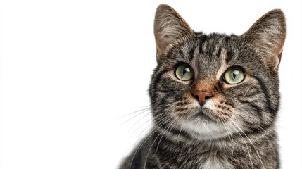 Obraz premium Studio portrait of a sitting tabby cat looking forward against a white back ground