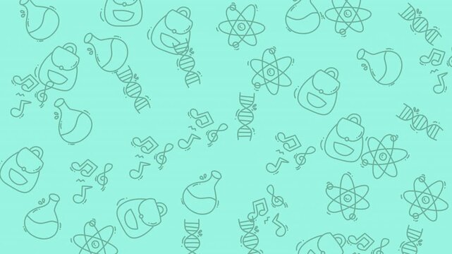 Science Education Background with Backpacks and Beakers Seamless Pattern.