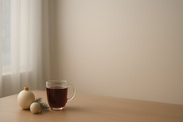 Minimalist Winter Still Life with Glass Cup of Tea and Christmas Ornaments on Wooden Table
