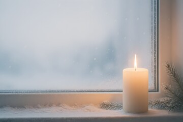 Single Candle on Frosted Winter Window Sill with Soft Snow Light