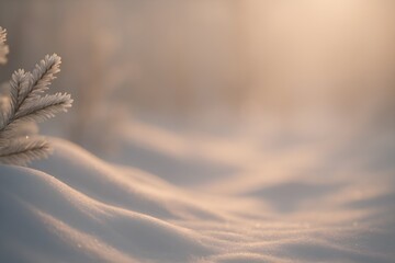 Close-Up of Frosty Pine Branch in Golden Morning Light on Snow