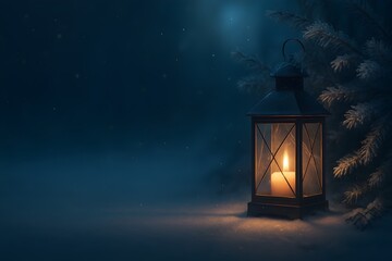 Vintage Lantern with Burning Candle in Snowy Winter Night Scene